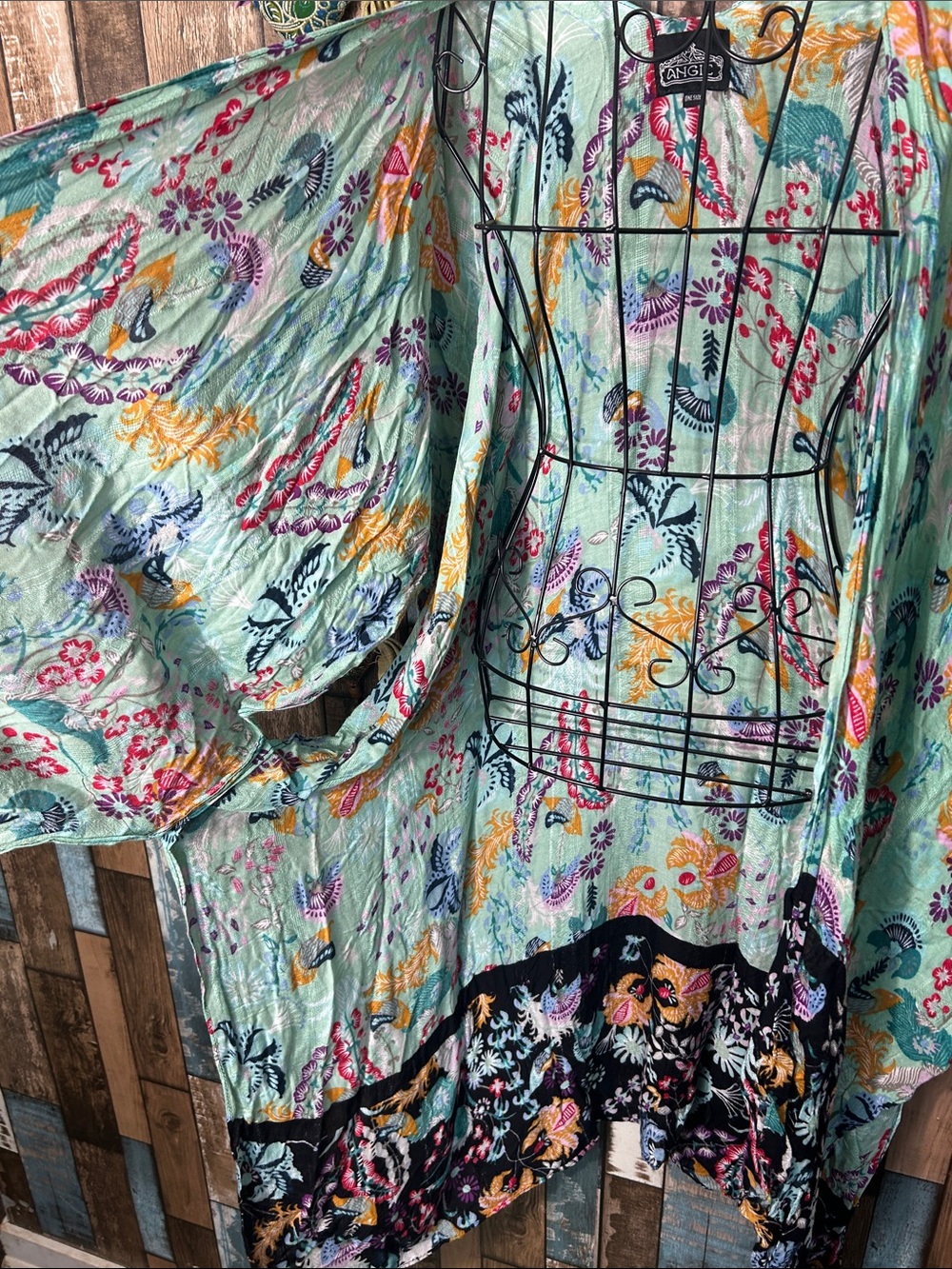 Angie Mint Floral Open-Front Kimono Tunic with Black Border - Picture 12 of 16